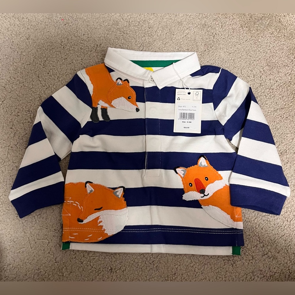 Copy NWT Baby Boden Ivory/Starboard Blue Foxes Baby Boy Shirt